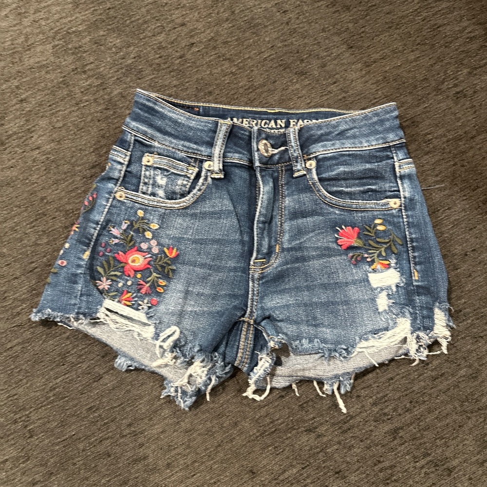 American Eagle Outfitters Embroidered Distressed Denim Shorts - Blue
